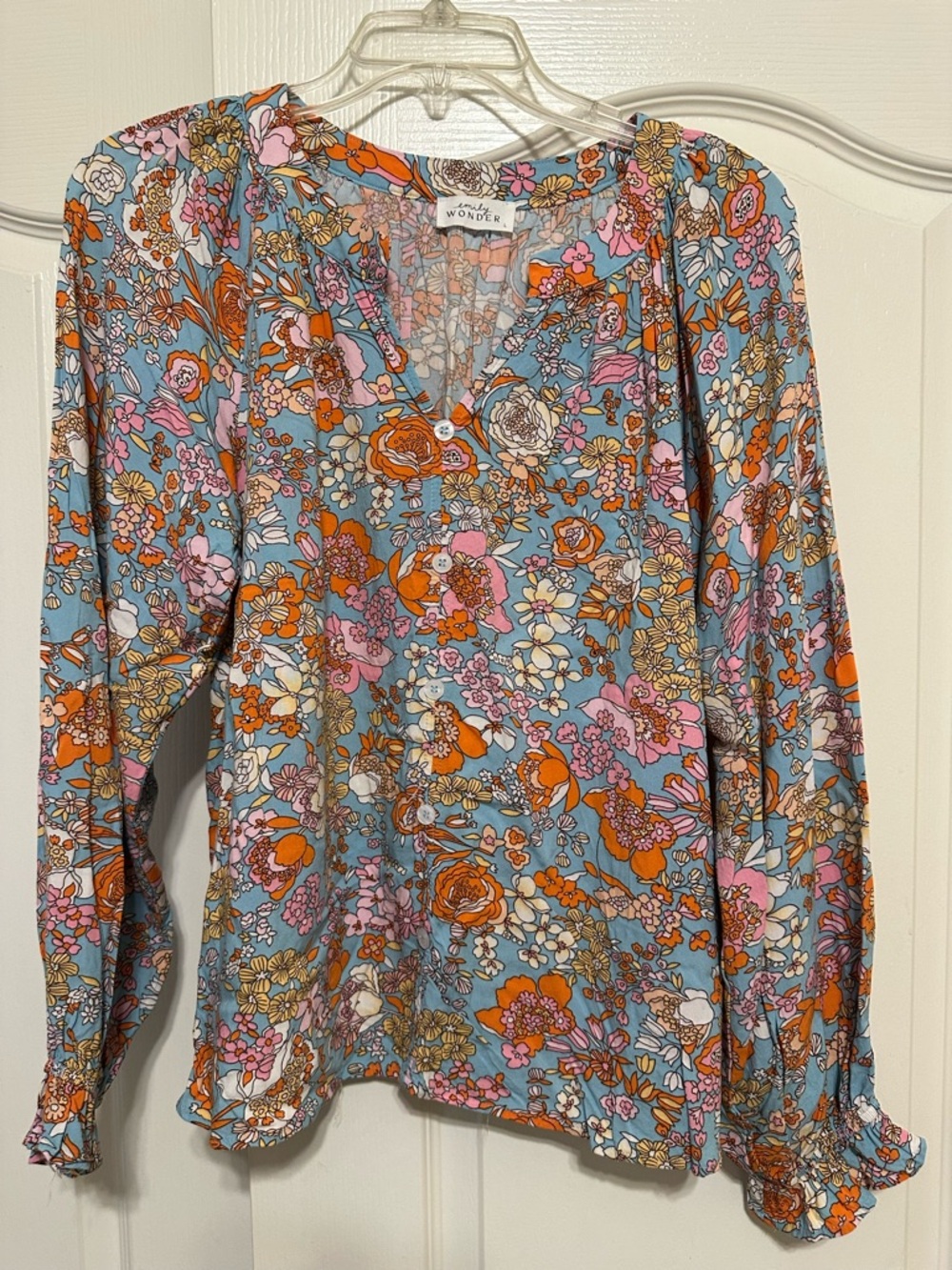 Wonderly Blue Floral V-Neck Long Sleeve Blouse